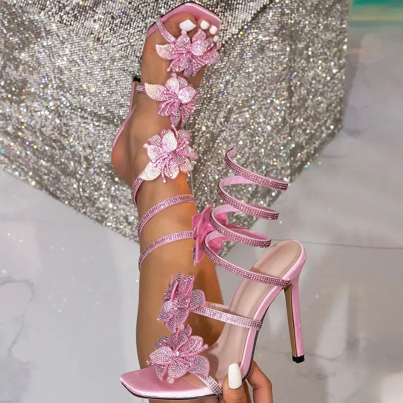 RHINESTONE SPIRAL FLOWER HEELS