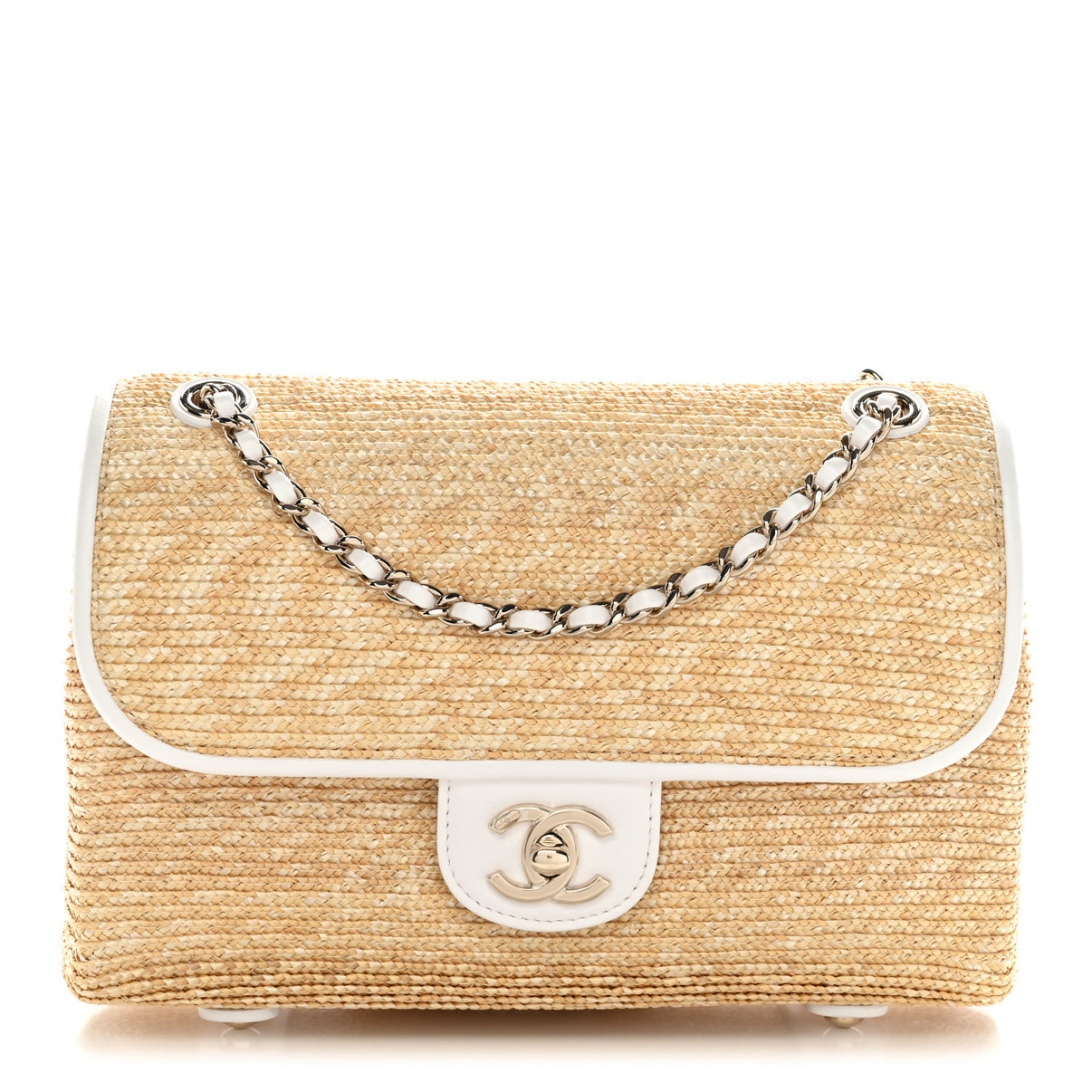 Raffia Lambskin Small Flap Bag Beige White