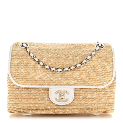 Raffia Lambskin Small Flap Bag Beige White